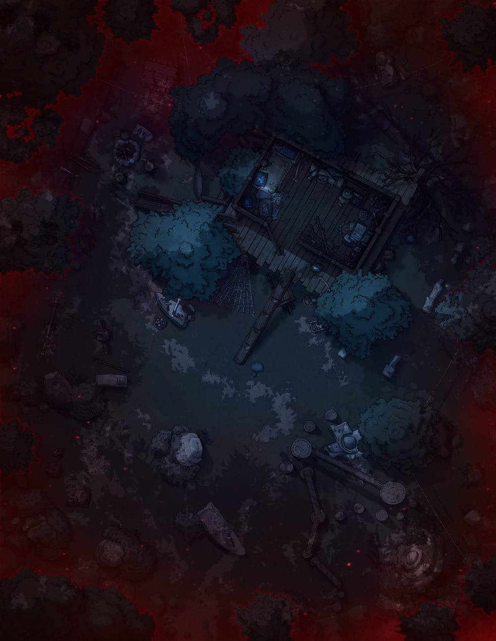 Top-down battlemap of a small wooden hideout in a dark forest clearing at night. Rope climbs, training obstacles, scattered supplies, and an extinguished campfire sit outside the structure. A red mist creeps in from the edges of the forest, casting the scene in an eerie crimson glow.