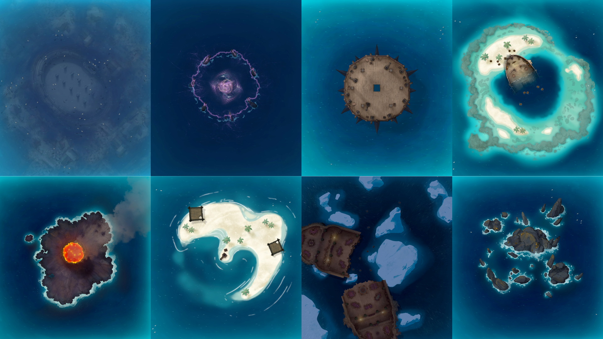 A grid of eight top-down open ocean battlemap variants, featuring differing terrain including submerged ruins, electric storms, a tropical atoll, a volcanic island, an icy archipelago, a shipwreck on icy floes, and a rocky islet.