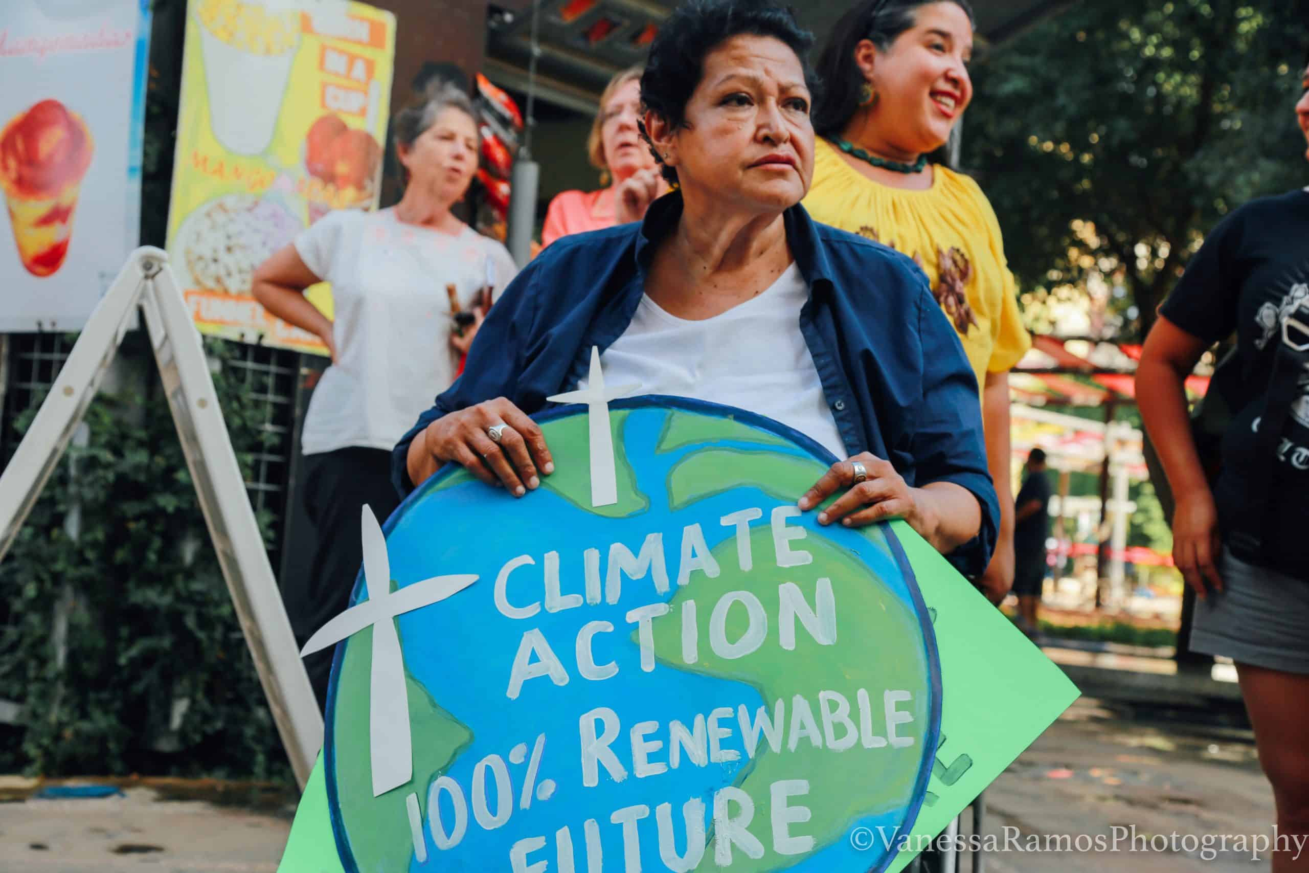 Mary Agnes Rodriguez represents at historic climate justice rally last summer during the city's mayor runoff election. Image: Vanessa Ramos
