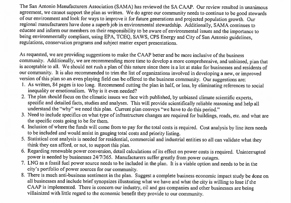 SA Manufacturers Assocation position on climate action in San Antonio.