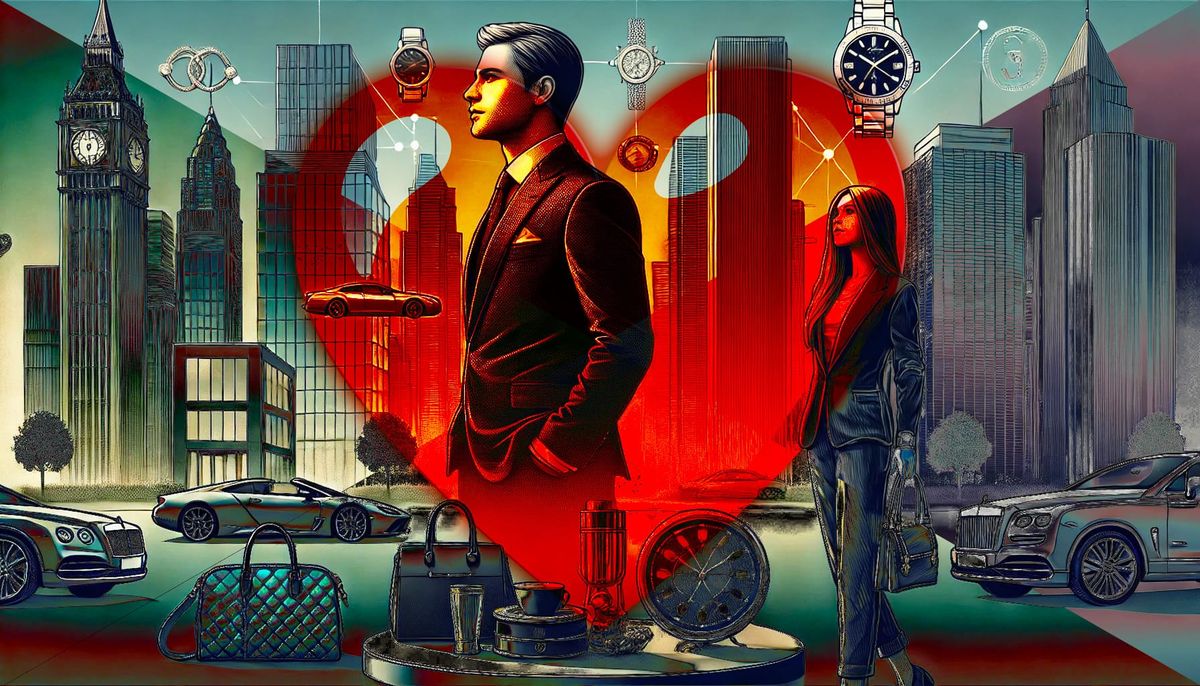 A cityscape with symbols of wealth illustrating the influence of wealth on social admiration.