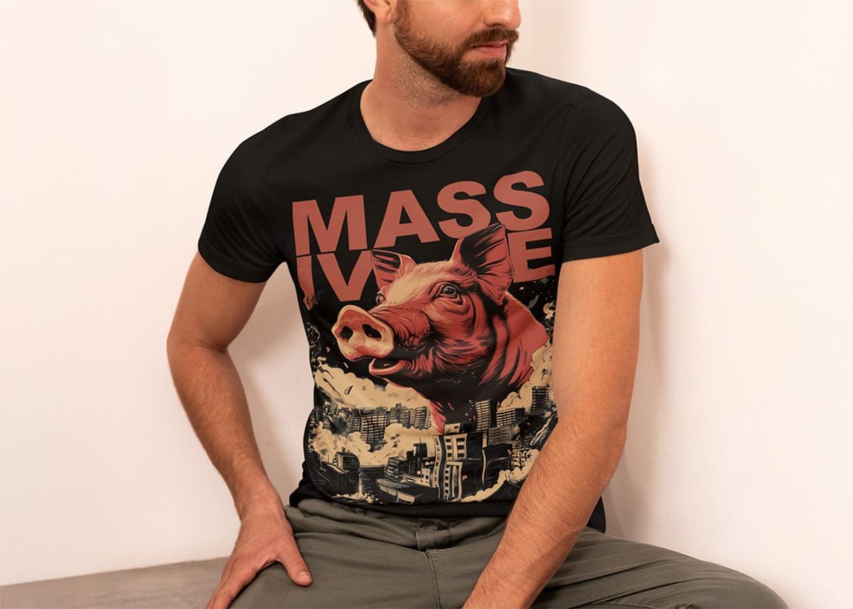 A man wearing the FUKKT Massive Pig T-shirt in black