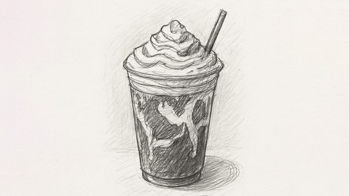 Pencil drawing of a Frappuccino topped with whipped cream