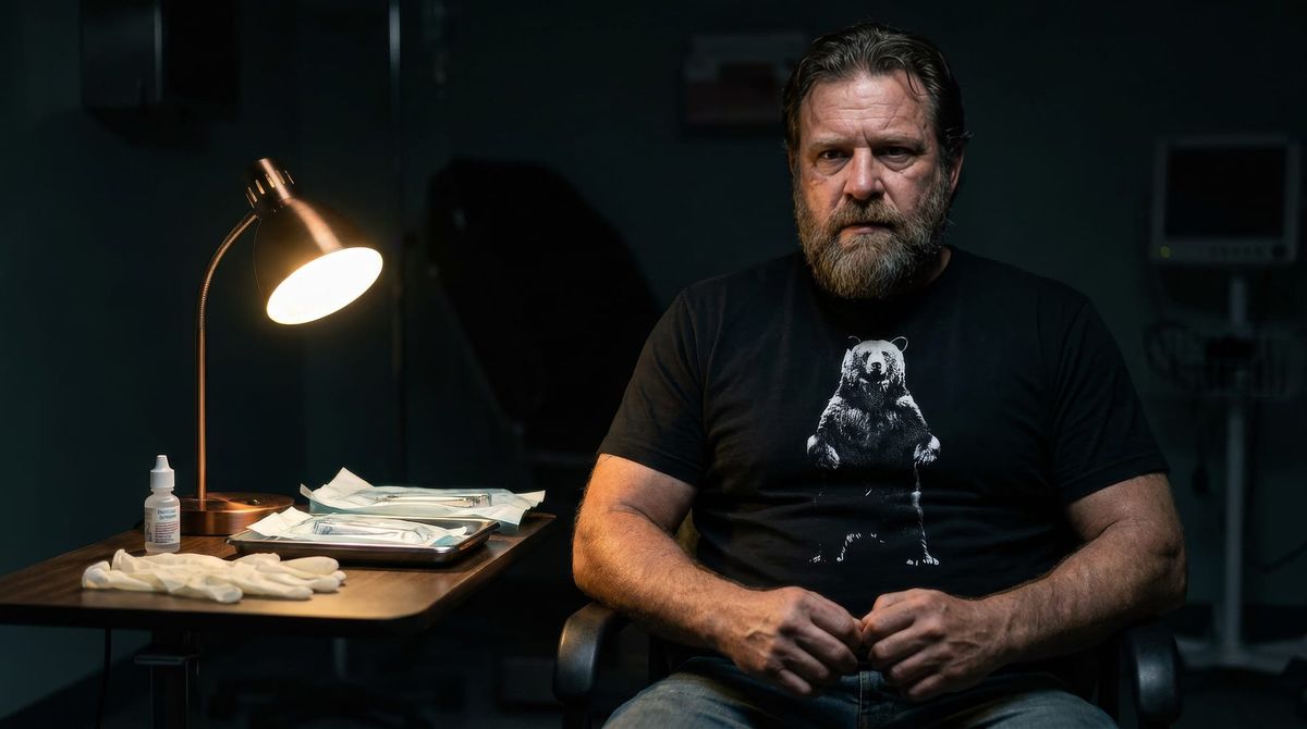 Middle-aged man waiting for eye surgery wearing a bear witness tee