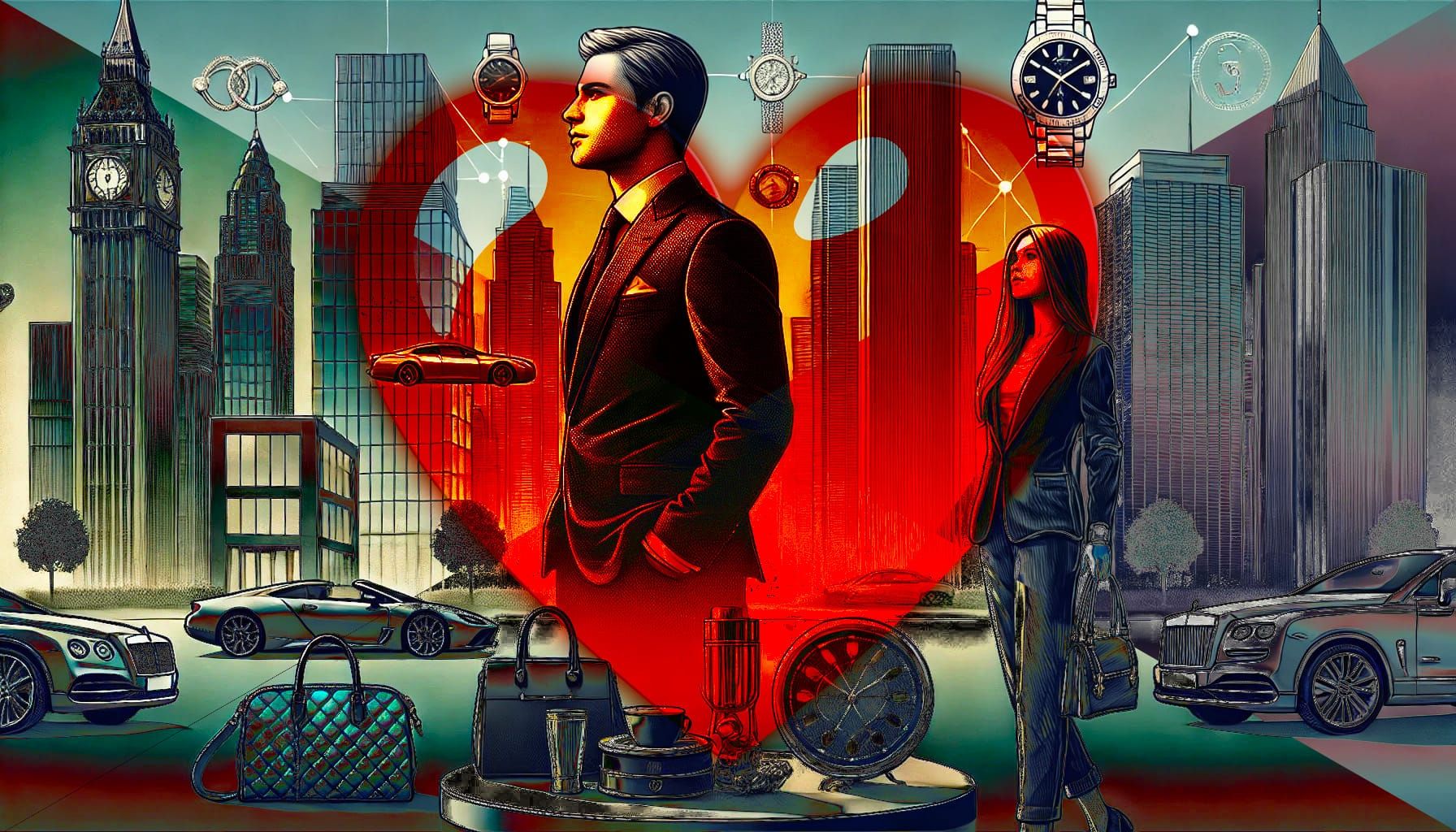 A cityscape with symbols of wealth illustrating the influence of wealth on social admiration.