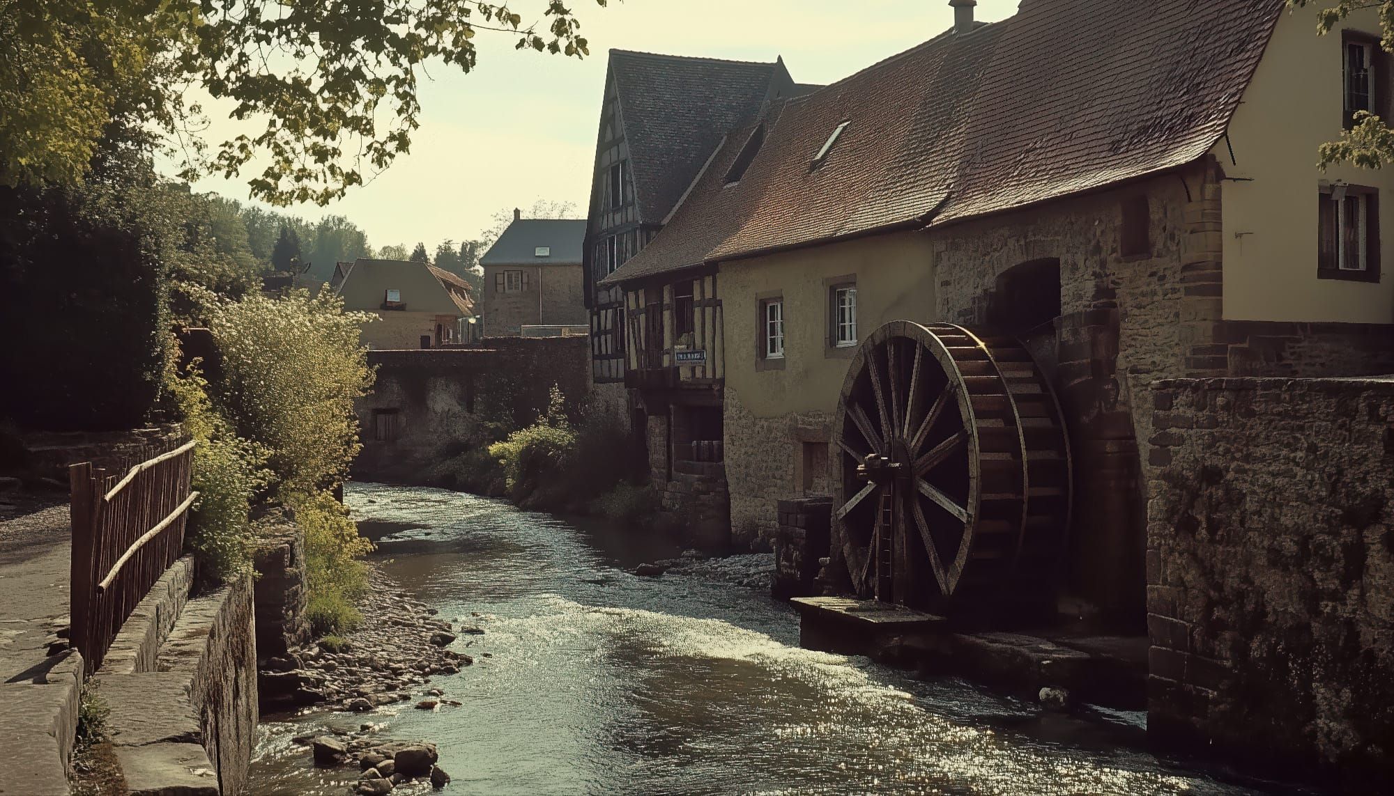 A water mill by a stream in the centre of town reminiscent of Alsace