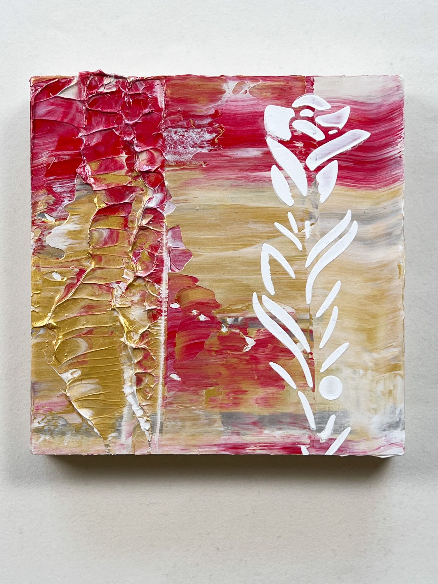 Abstract Floral Painting – 6x6 Red and Gold Textured Acrylic with White Botanical Motif