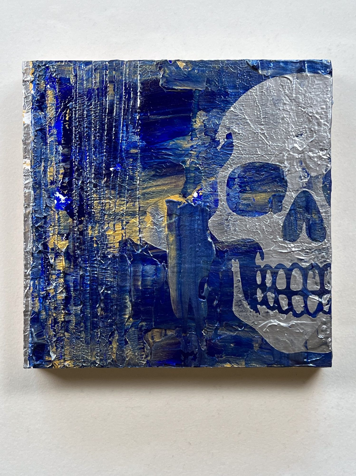 Blue Metallic Skull Painting – 6x6 Textured Abstract Wall Art on Cradled Panel
