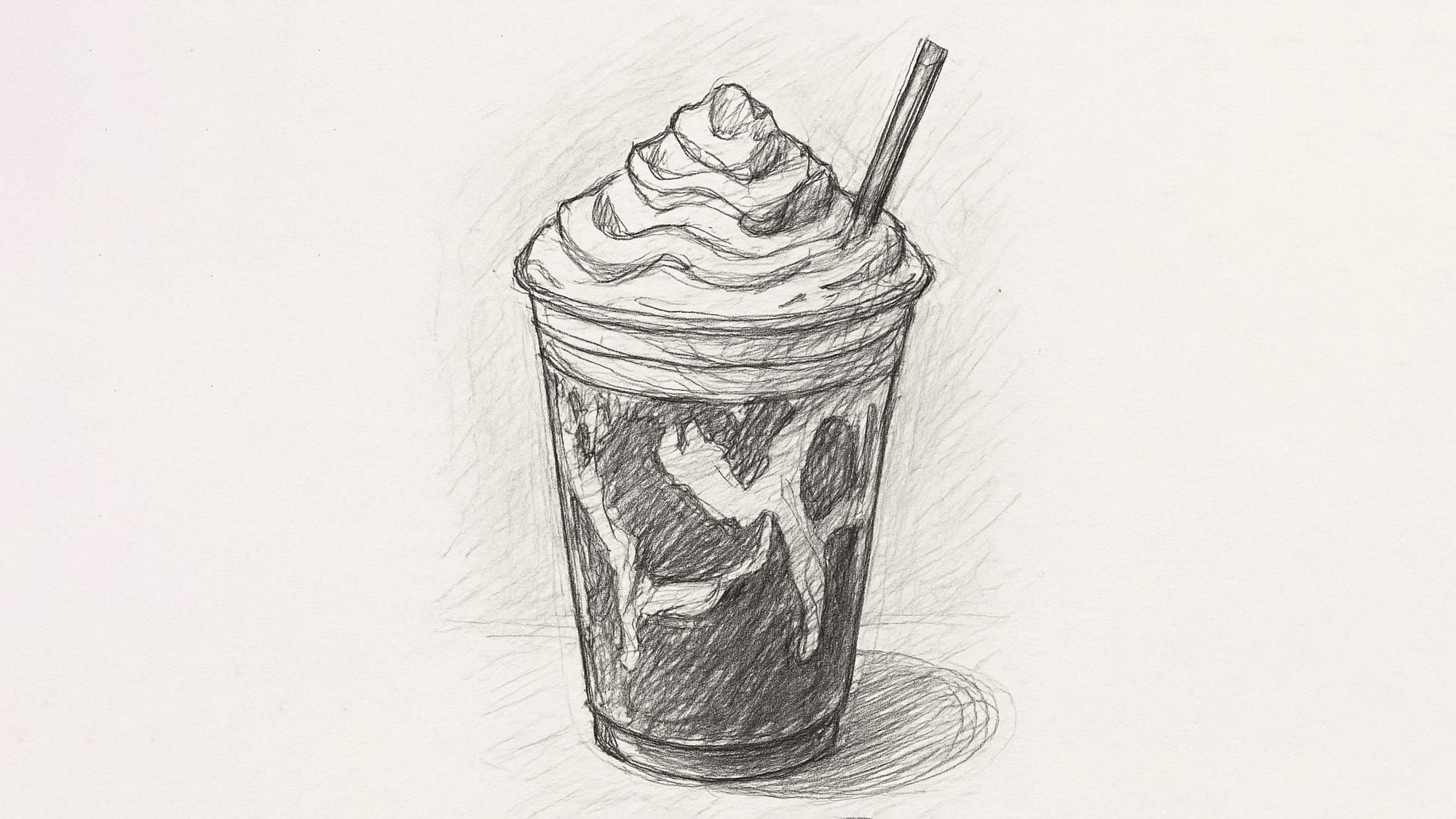 Pencil drawing of a latte topped with whipped cream