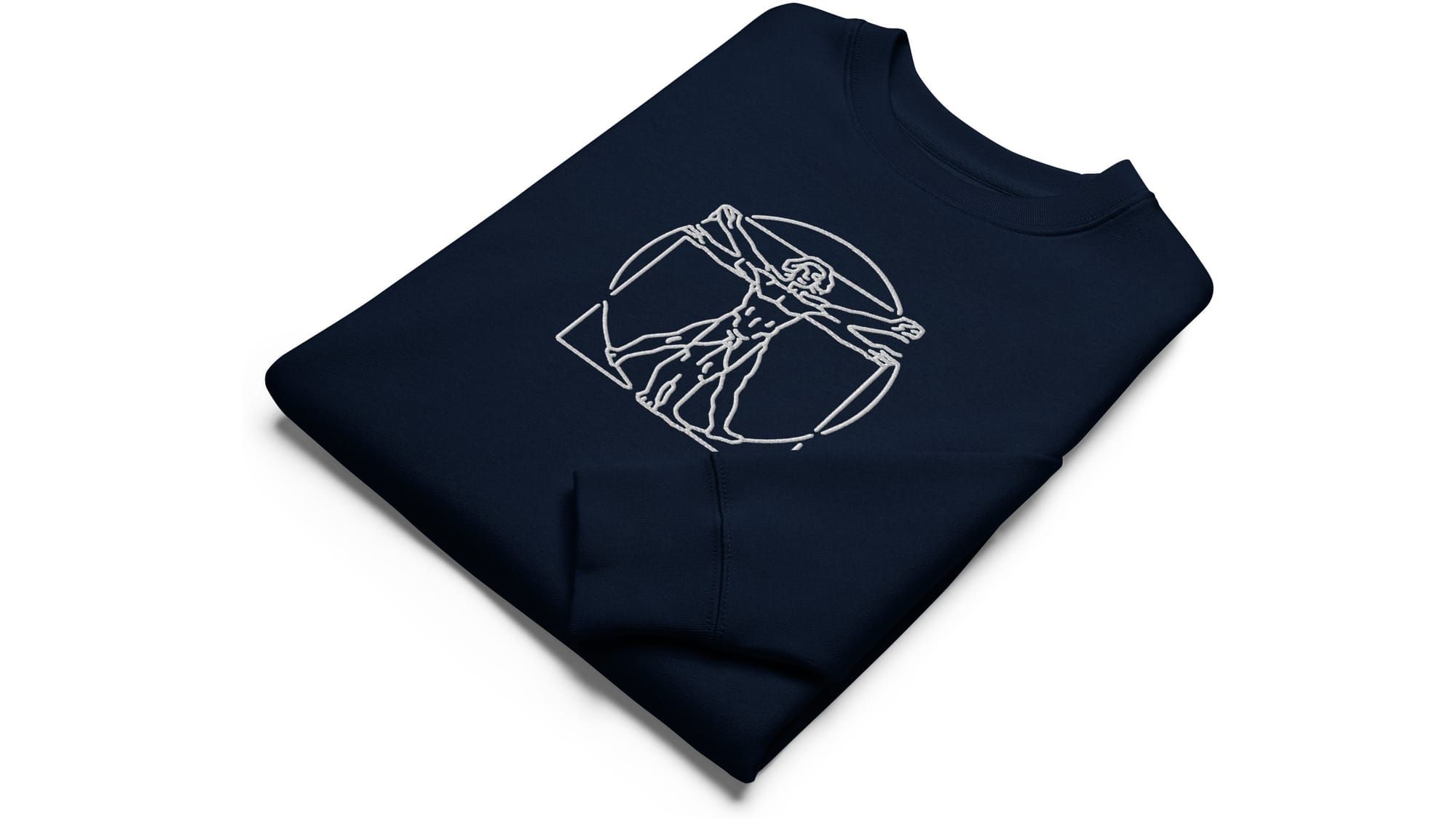 Black organic sweatshirt with a minimalist embroidered outline of Leonardo’s Vitruvian Man, centred on the chest.