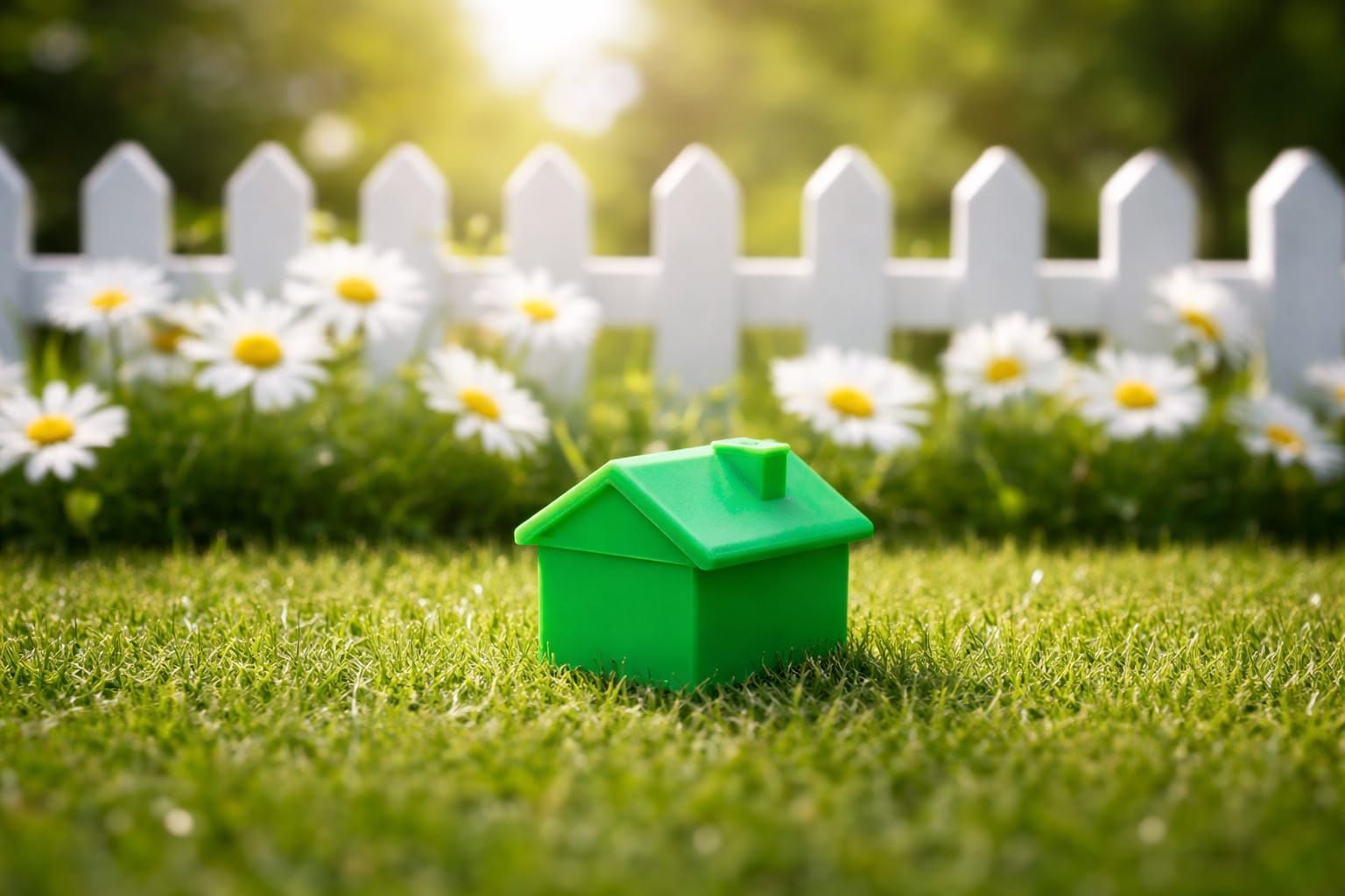 Green miniature house on grass before a white picket fence and daisies in a bright, suburban-style garden scene.