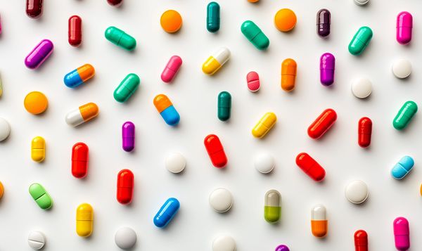 capsules and pills in an ordered grid