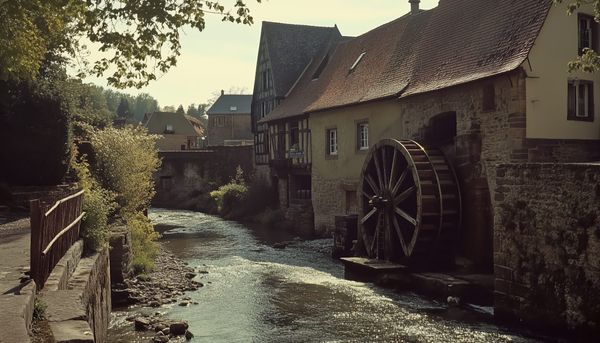 A water mill by a stream in the centre of town reminiscent of Alsace
