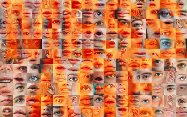Collage of eyes, mouths, and ears