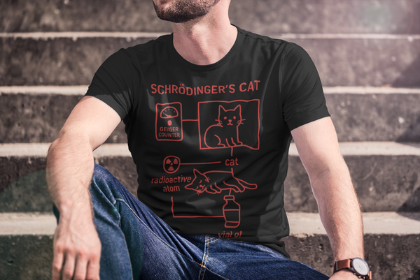 Schrödinger's cat t-shirt worn by a bearded man sitting on some steps