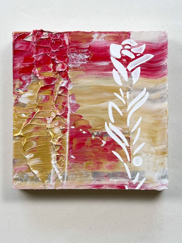 Abstract Floral Painting – 6x6 Red and Gold Textured Acrylic with White Botanical Motif