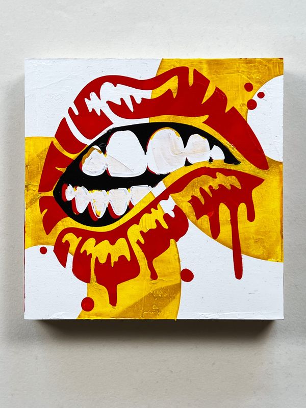 Dripping Lips Painting – 6x6 Red, Gold, and White Pop Art Acrylic on Cradled Panel 