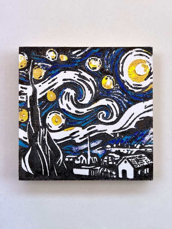Starry Night Textured Painting – 6x6 Acrylic on Wood, Van Gogh Inspired Black & Gold Impasto Art