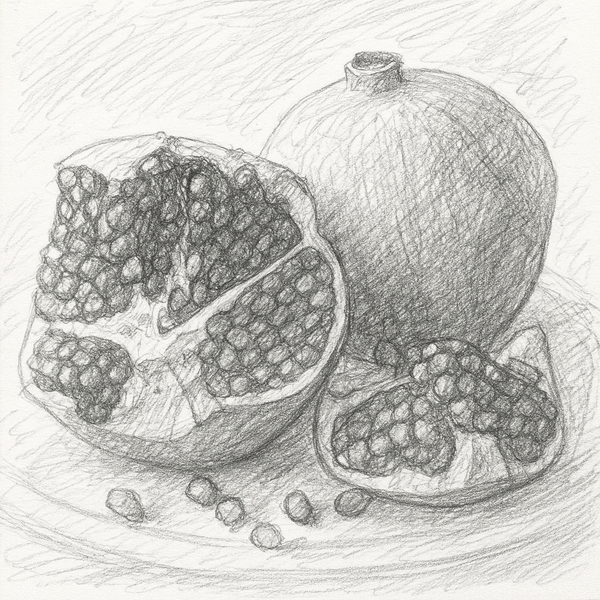 A sketchy pencil drawing of a pomegranate on a plate, showing one whole fruit and another halved with visible seeds, symbolising the myth of Persephone.