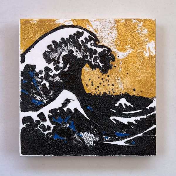 6x6 acrylic painting of a stylized Great Wave with thick black impasto, cobalt blue accents, and a metallic gold background on a cradled wood panel.