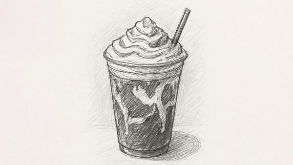 Pencil drawing of a latte topped with whipped cream
