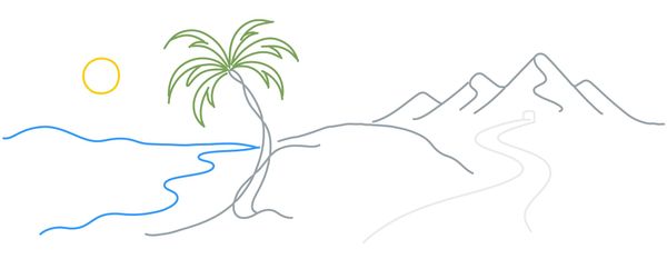 A line drawing of the sun, coast, mountain, and road.