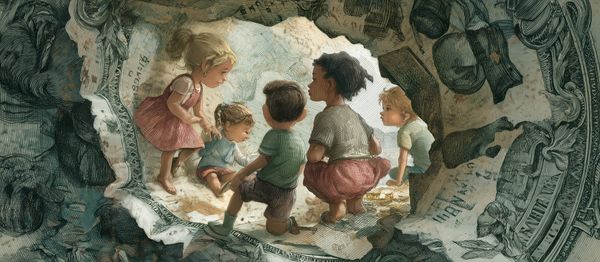 Illustration of young children gathered inside a torn U.S. dollar bill, playing together while surrounded by fragments of currency.