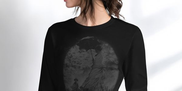 A woman facing away, wearing a long-sleeve Woman with a Parasol - Madame Monet and Her Son, inspired by Monet, t-shirt