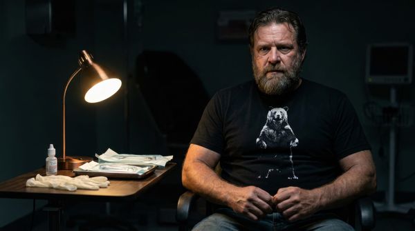 Middle-aged man waiting for eye surgery wearing a bear witness tee