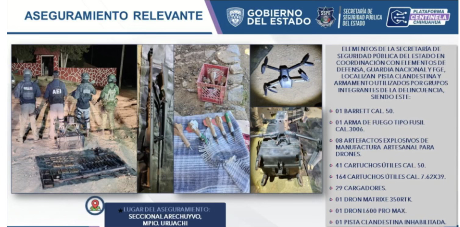 Chihuahua state officials display items seized from drug cartel members in southern Chihuahua, including drones used to drop bombs on soldiers.