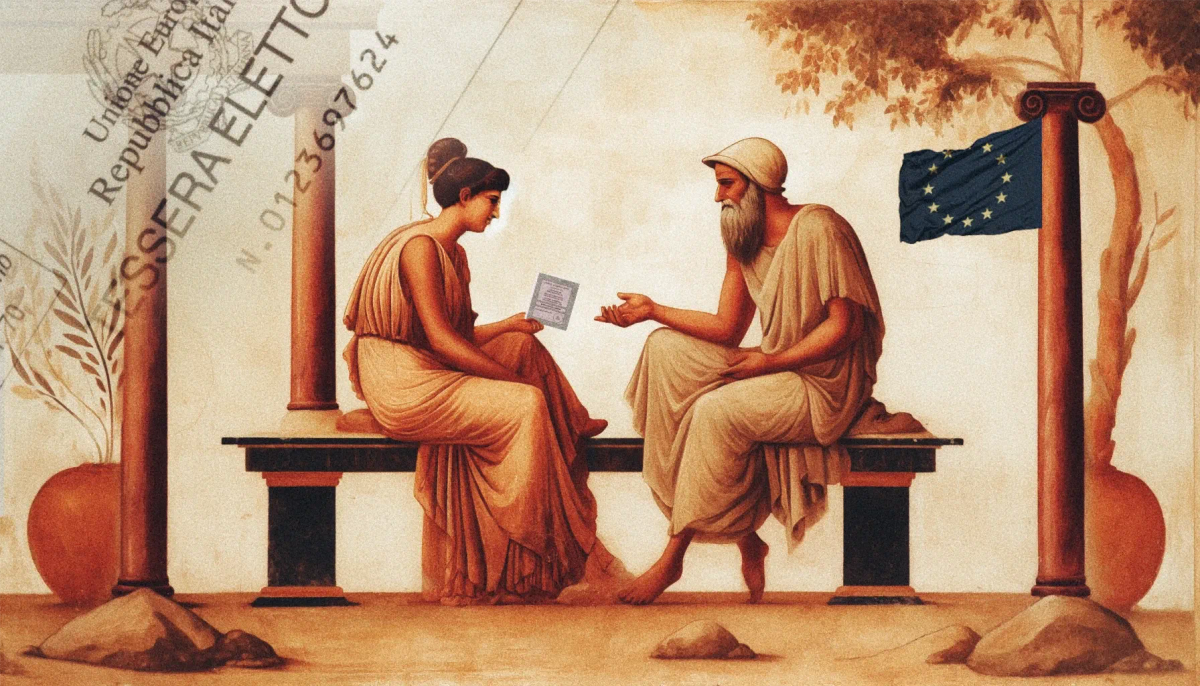 Una donna e un uomo discutono seduti su una panchina. La bandiera dell'UE sventola su una colonna.