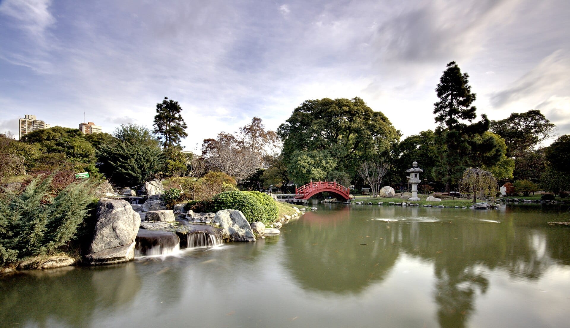 Red bridges over koi ponds at the Jardín Japonés in Palermo, Buenos Aires