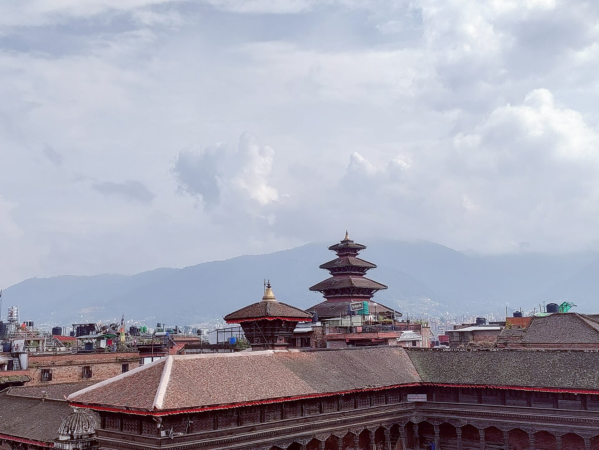 The tiered pagodas of Bhaktapur rising above its old Newari rooftops