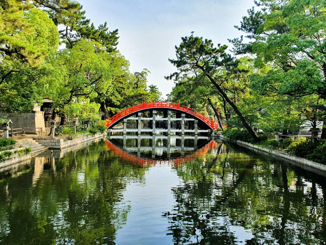 The steep red Sorihashi drum bridge at Sumiyoshi Taisha