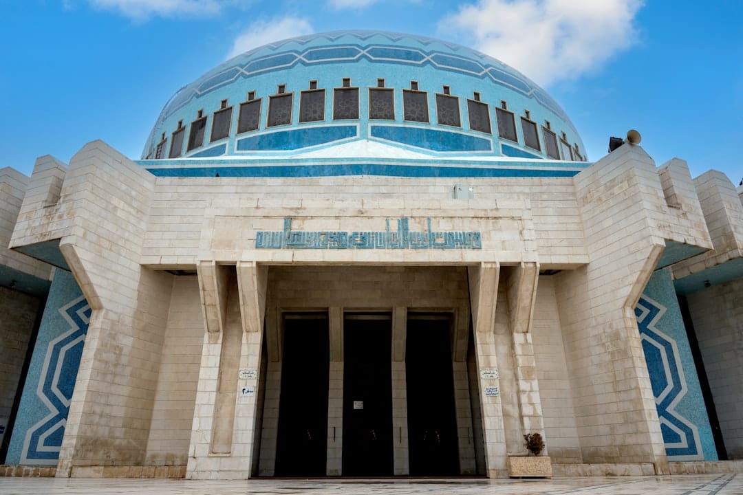 The blue mosaic dome of King Abdullah I Mosque in Amman