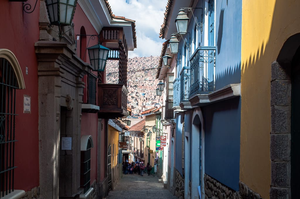The colourful colonial buildings of Calle Jaen in La Paz