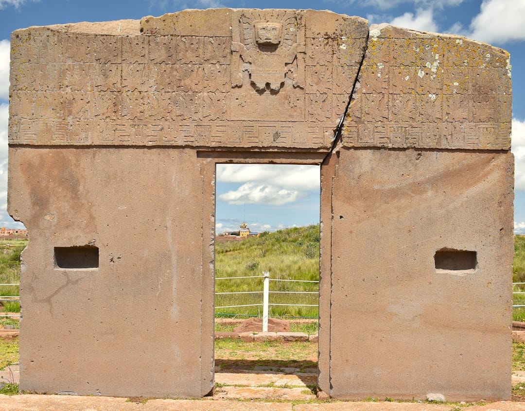 The ancient carved stone gateway at Tiwanaku on the Bolivian altiplano