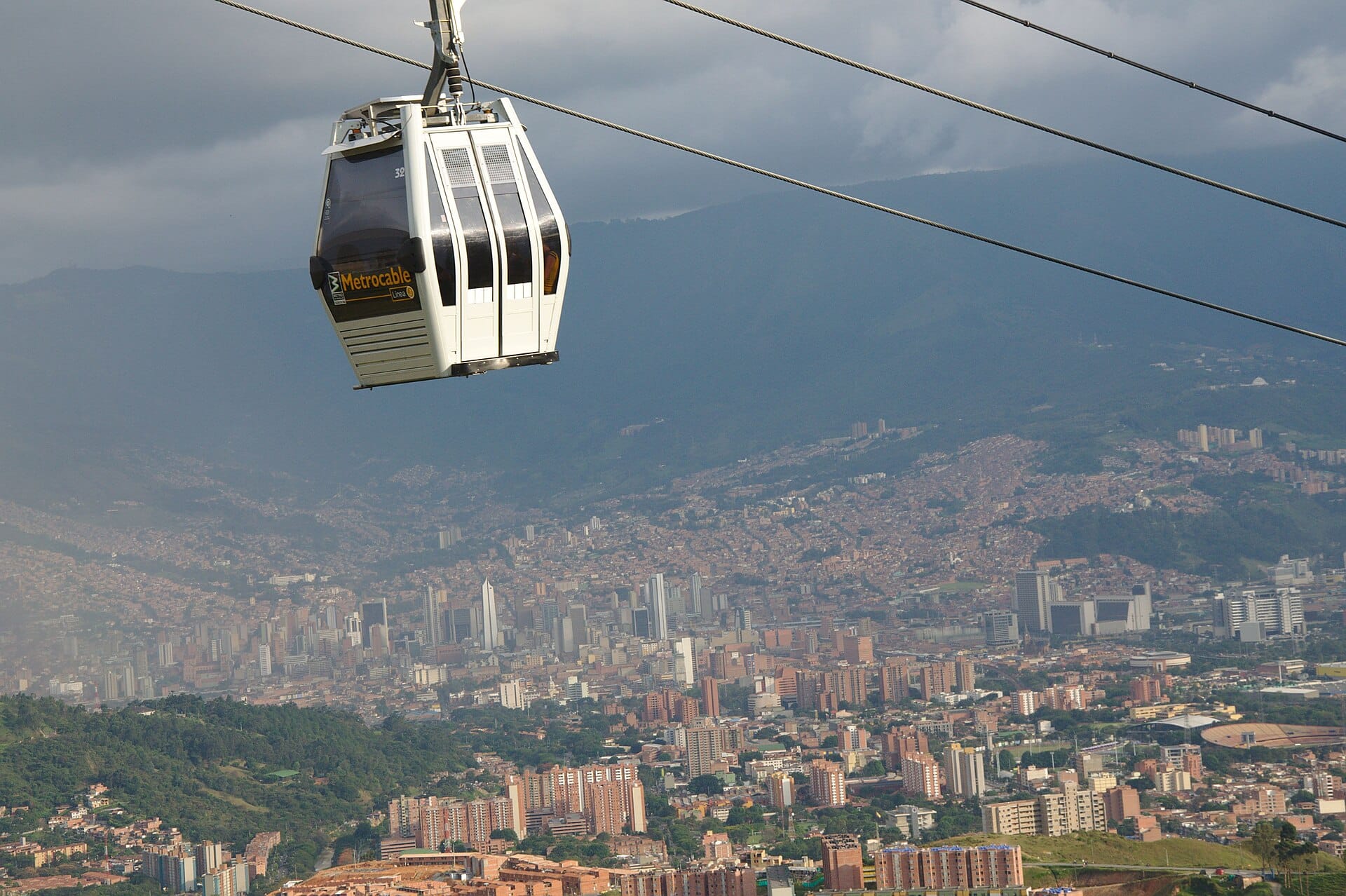 A Metrocable gondola over the hillside barrios of Medellín
