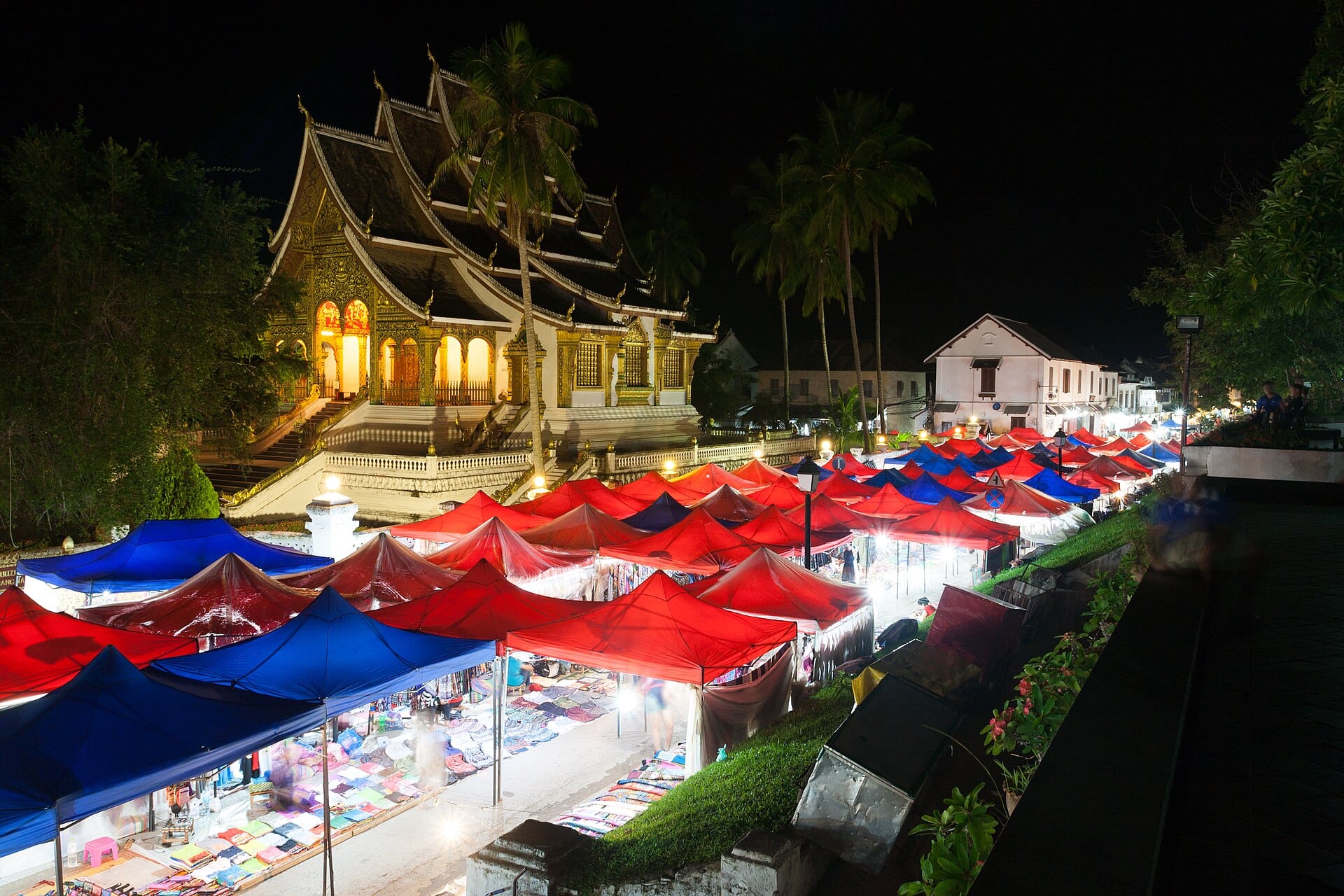 Stalls of handwoven textiles at the Luang Prabang night market