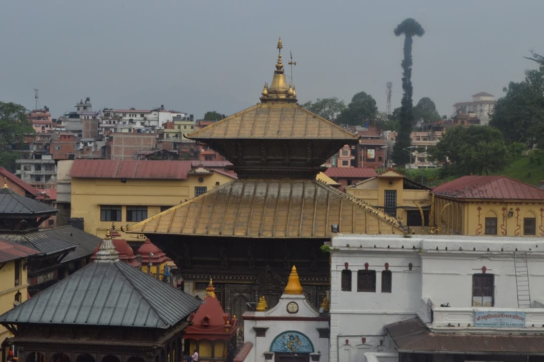 The golden pagoda roof of Pashupatinath, Nepal's holiest Hindu temple, above the Bagmati
