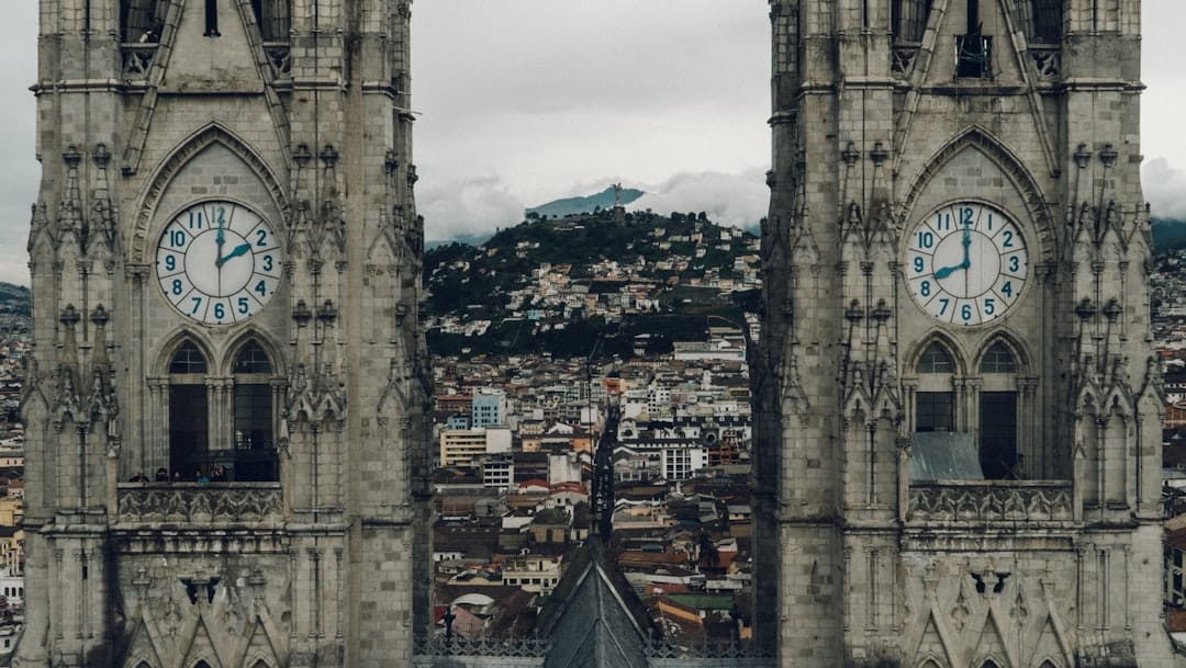 Neo-Gothic towers of the Basílica del Voto Nacional in Quito