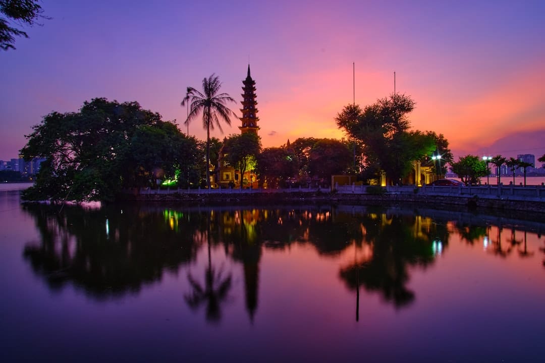Tran Quoc Pagoda's red stupa on West Lake, Hanoi