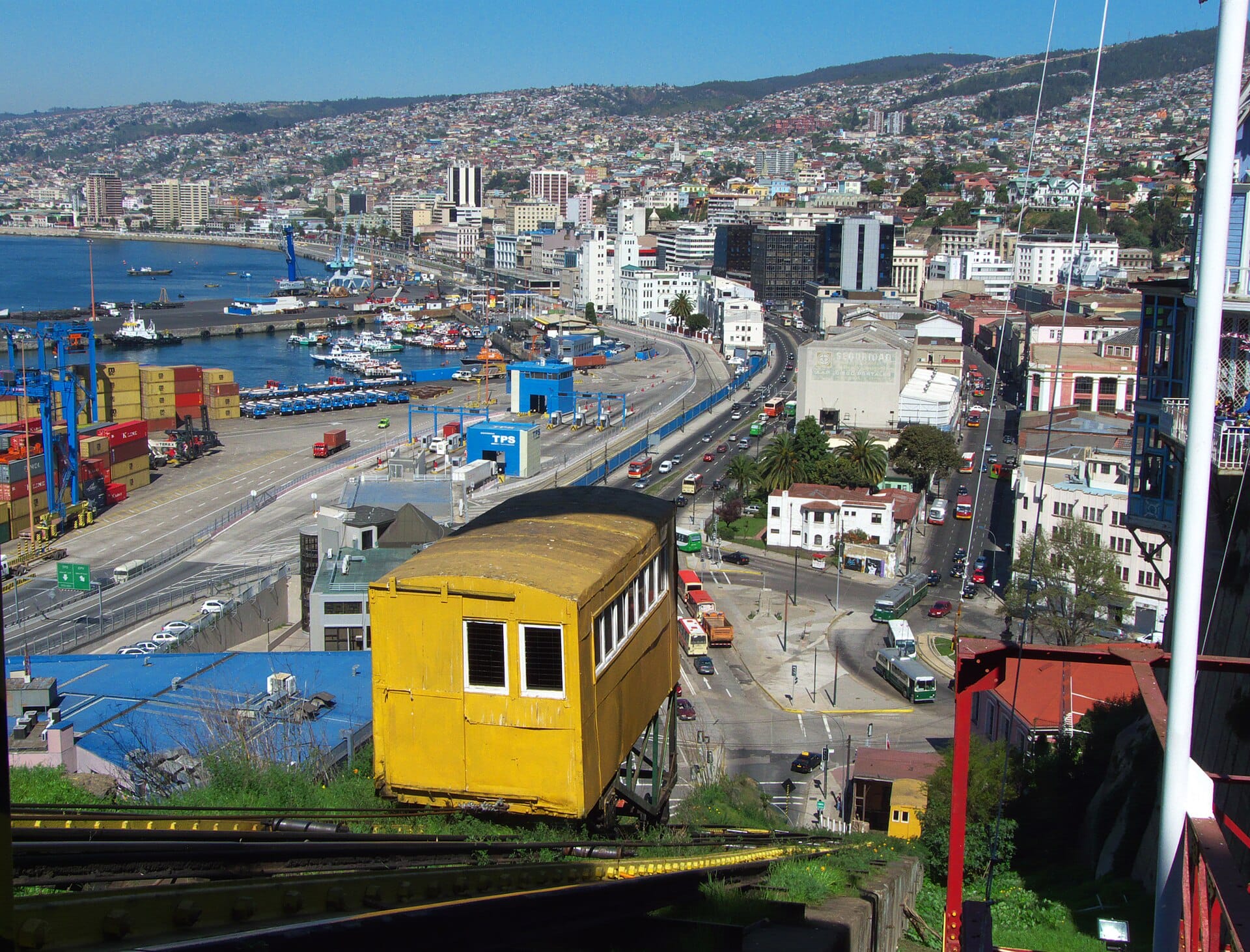 A historic funicular car on the tracks of Ascensor Artillería in Valparaíso