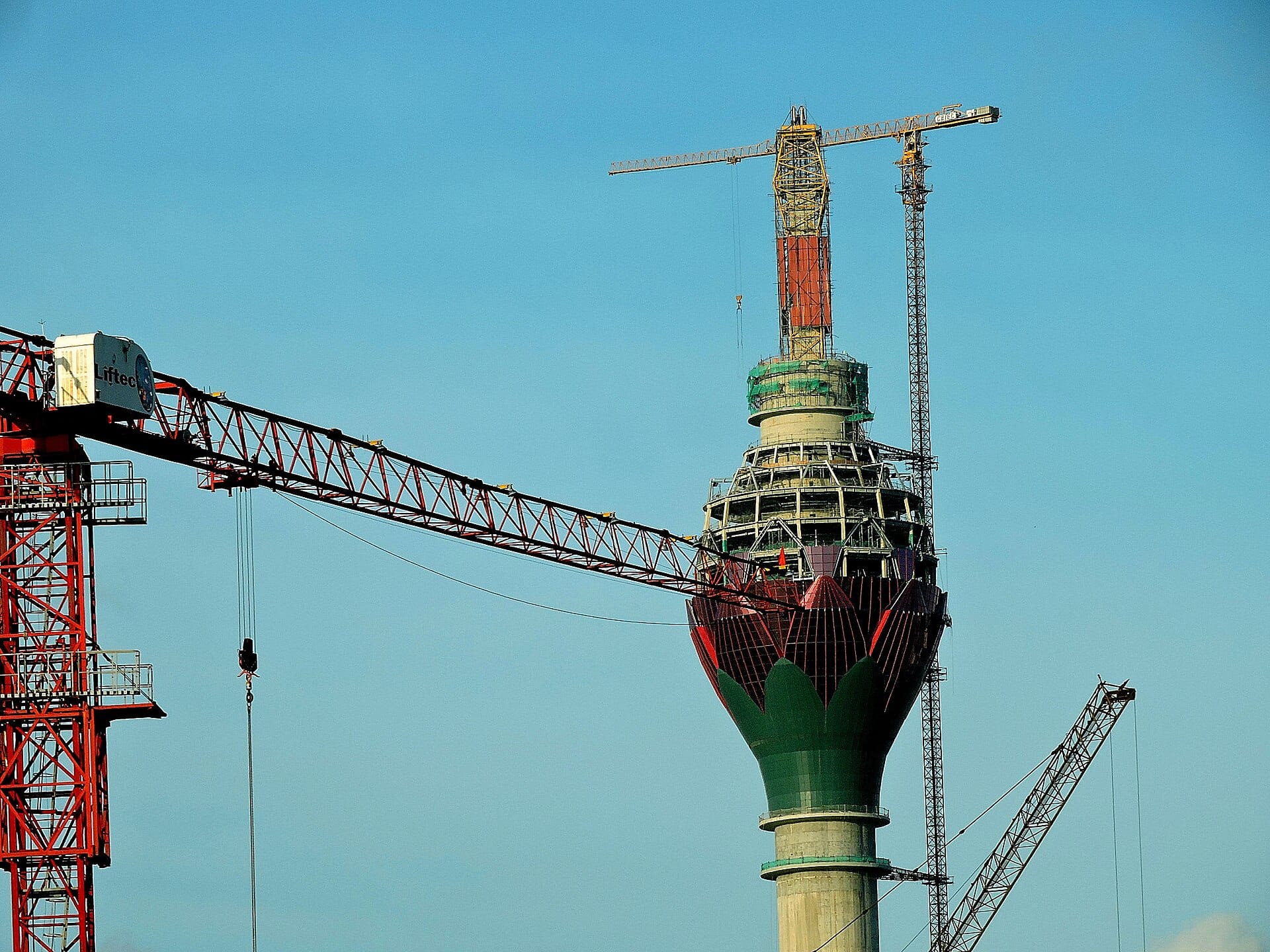 The pink-and-green Colombo Lotus Tower rising over the city