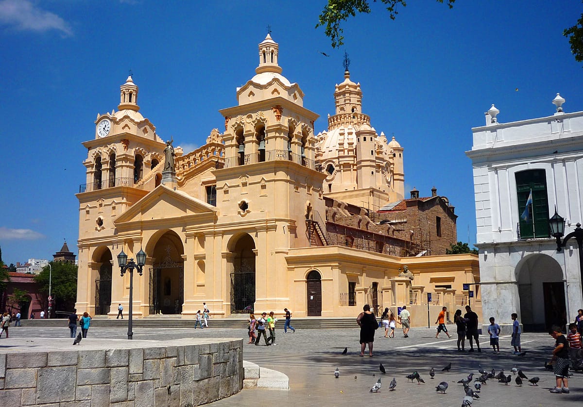 Baroque facade and dome of Córdoba Cathedral on Plaza San Martín