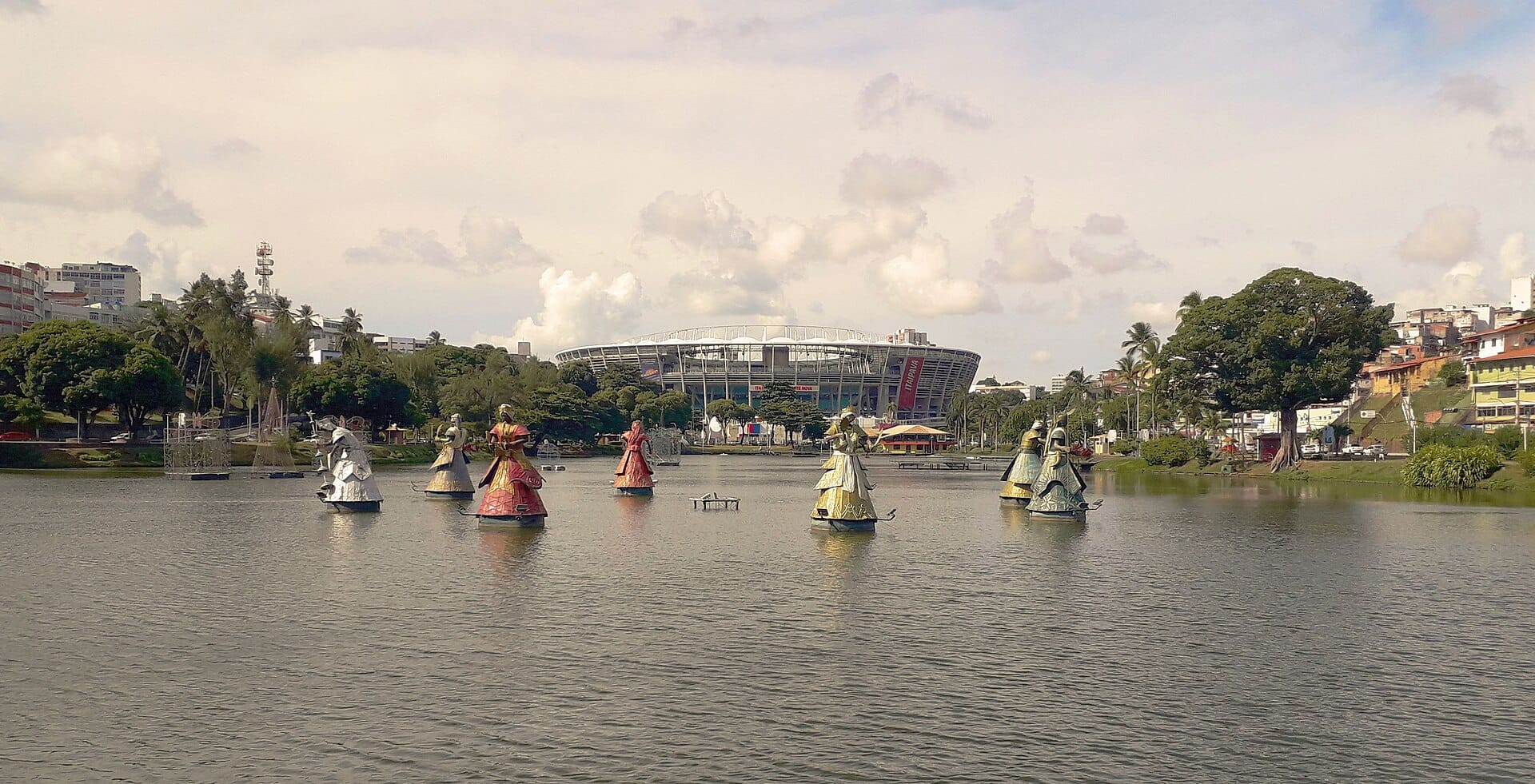 Floating sculptures of Candomblé orixás on the lagoon at Dique do Tororó, Salvador