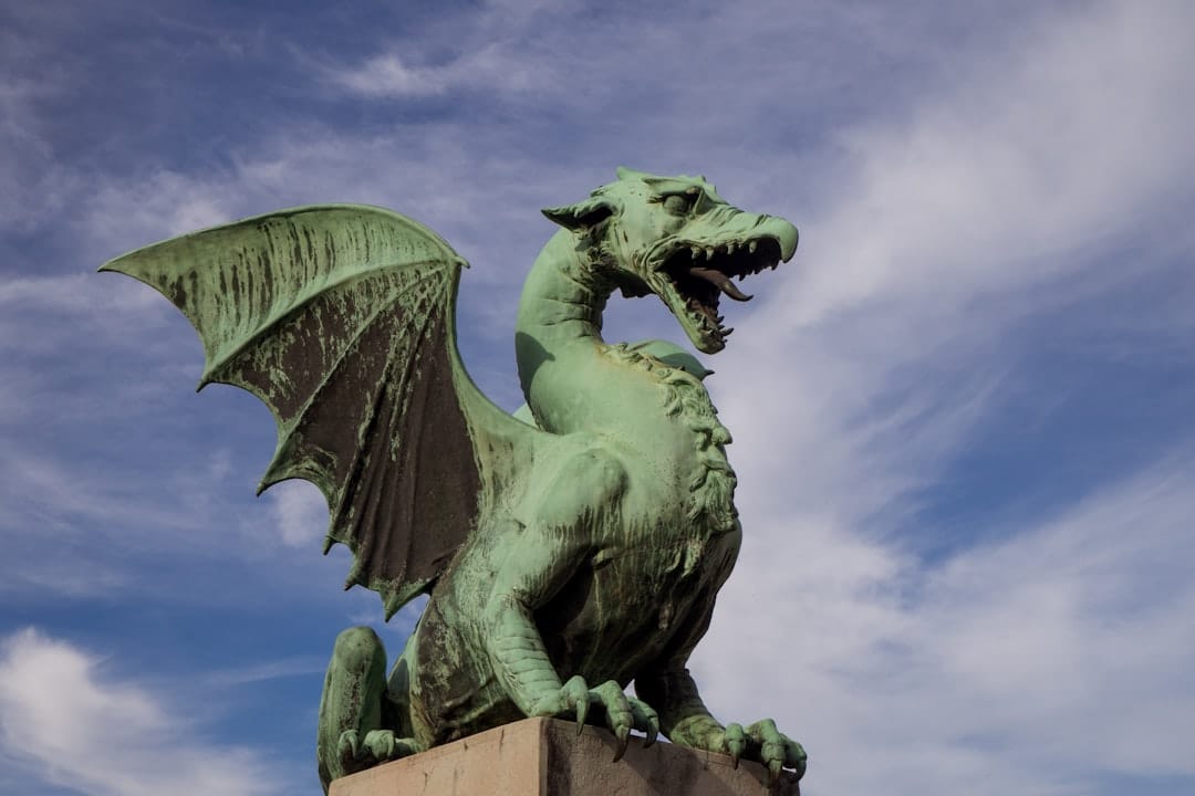 One of the four copper dragon statues on Ljubljana's Dragon Bridge