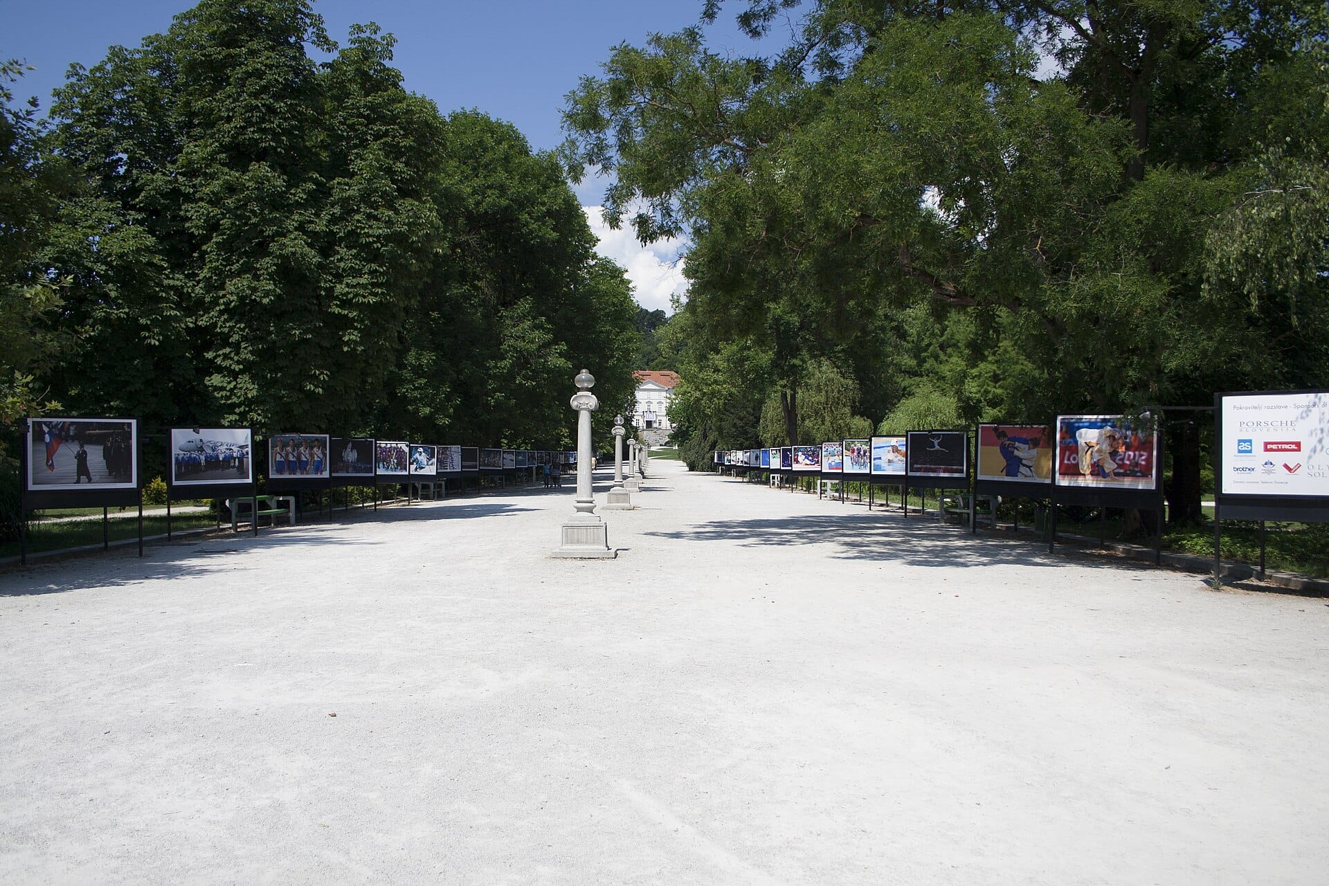 The tree-lined Jakopič Promenade in Tivoli Park with its open-air photo exhibition