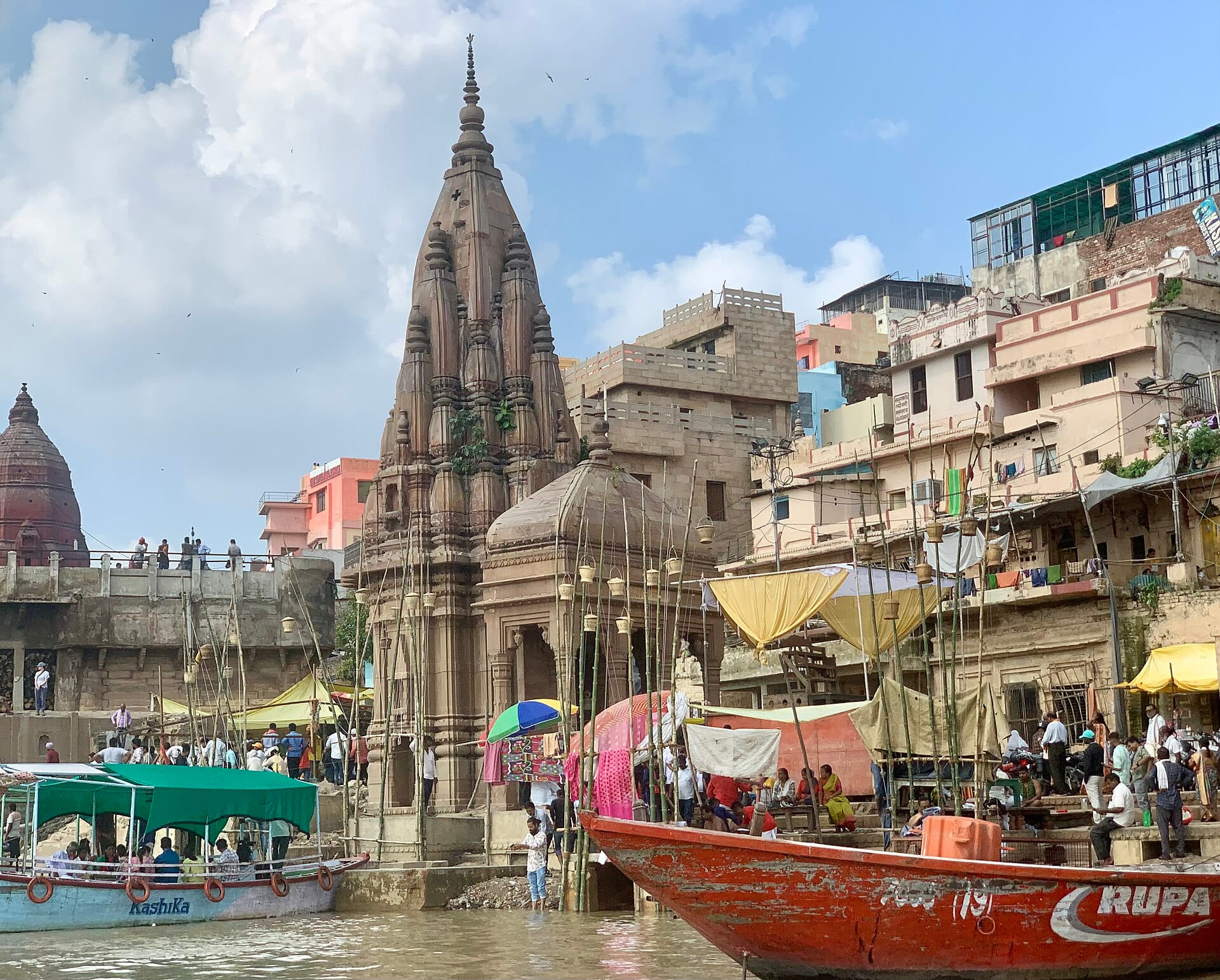 Manikarnika cremation ghat in Varanasi seen from the river