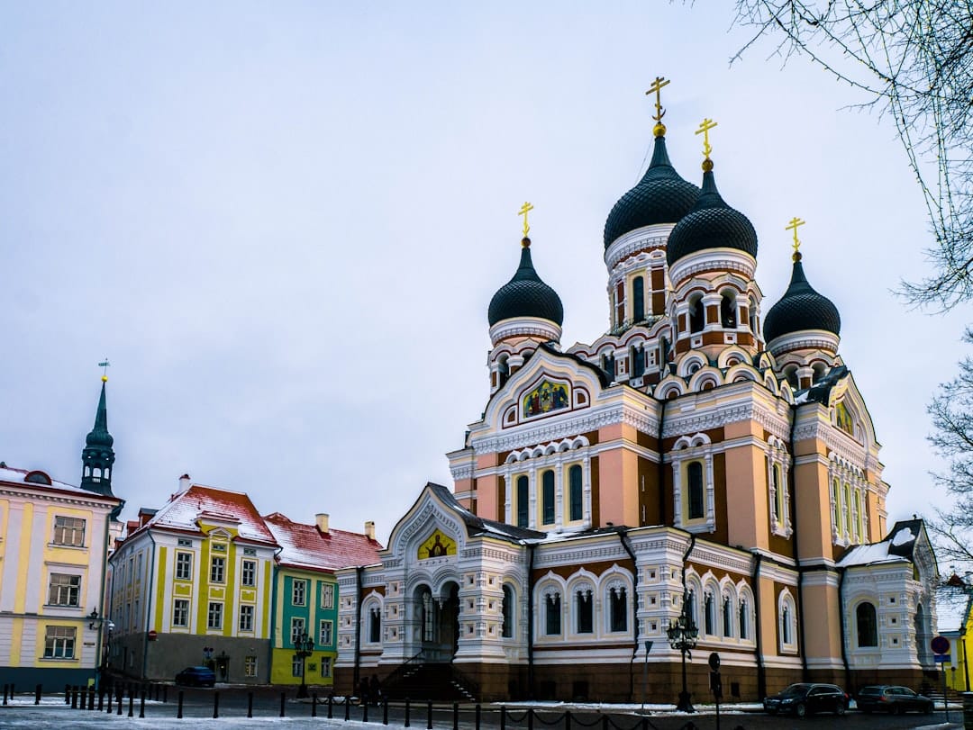 Alexander Nevsky Cathedral with black onion domes and gold crosses on Toompea hill in Tallinn